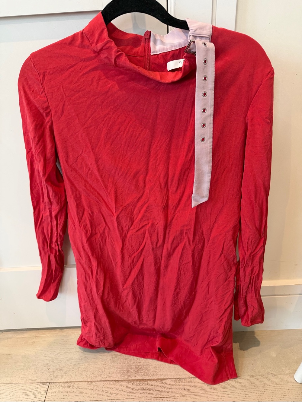 Tibi Red Long-Sleeve Top with Light Pink Strap Detail